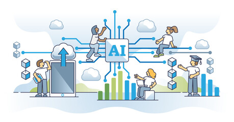 Evolution of data and technology for information research outline concept, transparent background. Big data and artificial intelligence interaction for database management and analysis illustration.