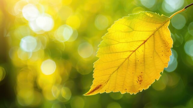 A yellow leaf glows in light against a blurred green background on an early autumn day