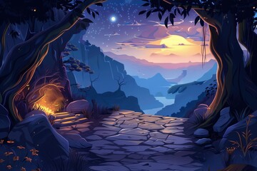 Obraz premium Mystical night forest path with a beautiful view of the valley and mountains