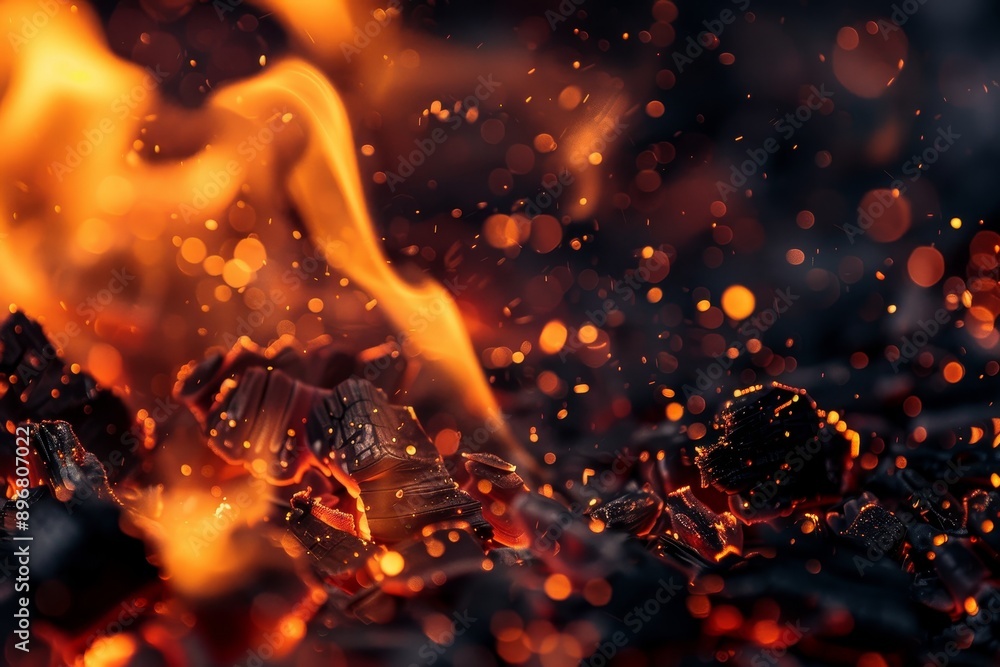 Poster close up view of a roaring fire with swirling flames and floating embers creating a dynamic scene, e