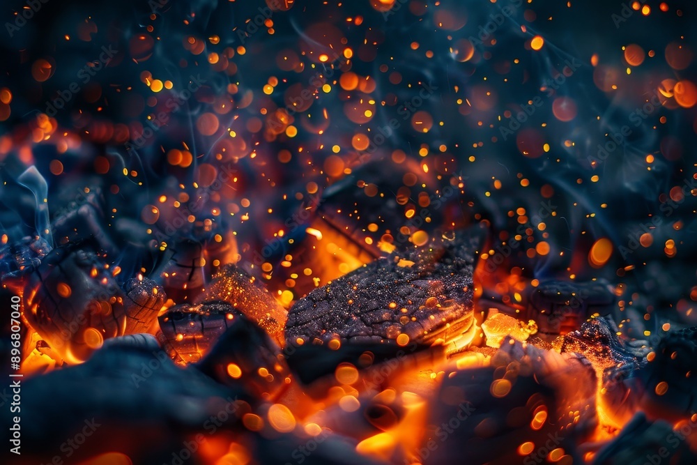 Poster embers float in a fiery atmosphere in a close-up view of intense flames, embers floating effortlessl