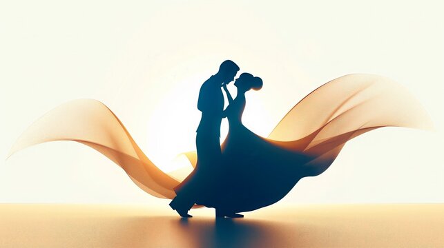 Silhouette of a romantic couple dancing gracefully with flowing fabric, backlit by a warm, glowing light.