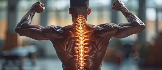 Muscular back with glowing spine emphasizing strength and anatomy in a gym setting