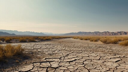 Banner of a minimalist background, featuring a seamless abstract cartoon style illustration depicting an extremely hot summer day with a dried-up riverbed and evident signs of severe drought throughou
