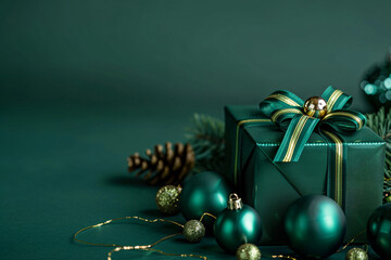 Refined dark green present with a gold ribbon on a matching background, excellent for festive or greeting-themed copyspace