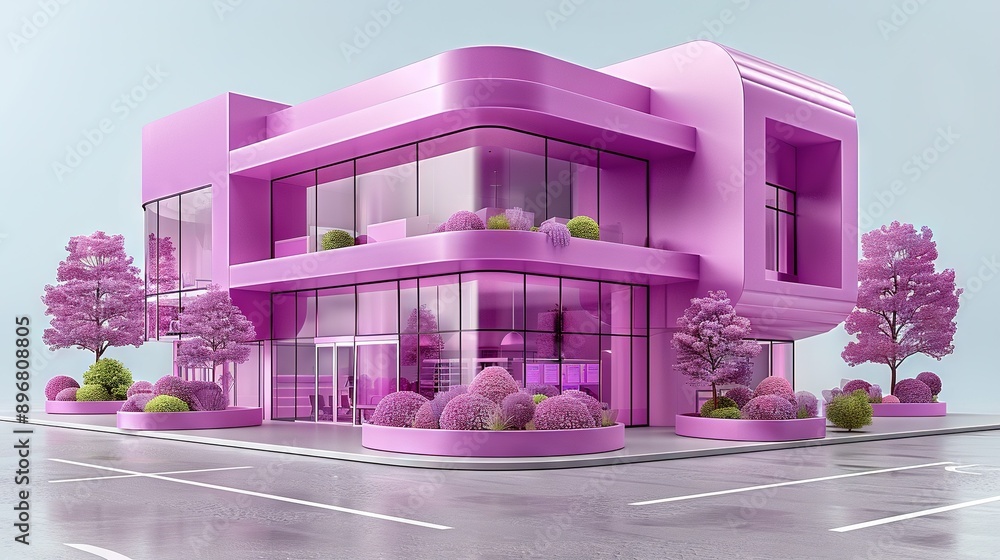 Poster a 3d rendering of a pink building with trees and bushes surrounding it, and a parking lot in front