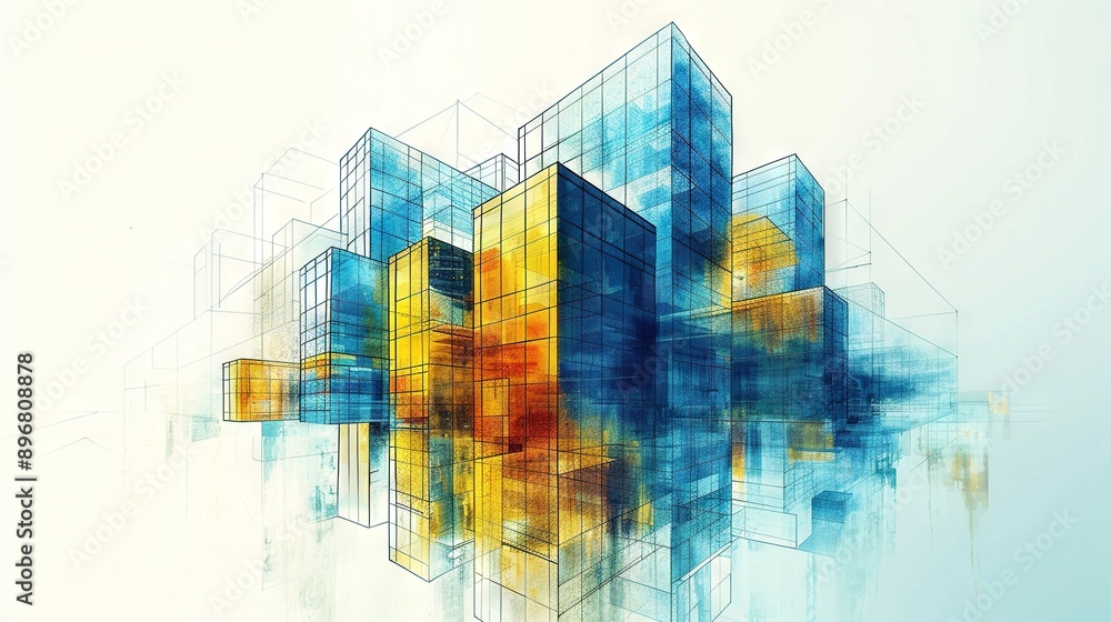 Aufkleber a blue and yellow abstract painting on a white background with lines and shapes in the form of cubes