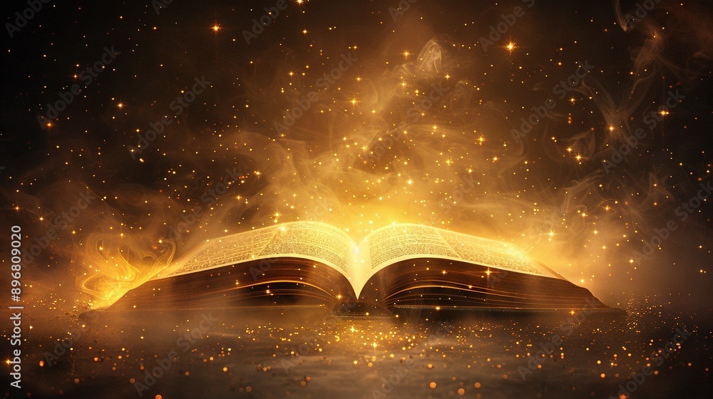 Poster an open book on a table against a dark background with stars shining brightly from the light source