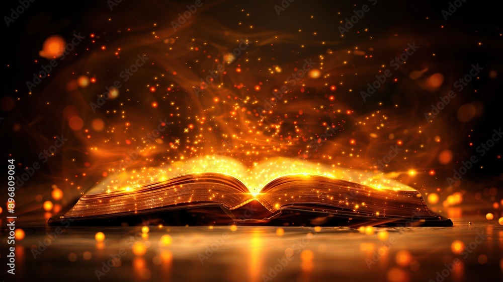 Aufkleber an image shows a dark background with an open book emitting a glowing light on top of it, surrounded