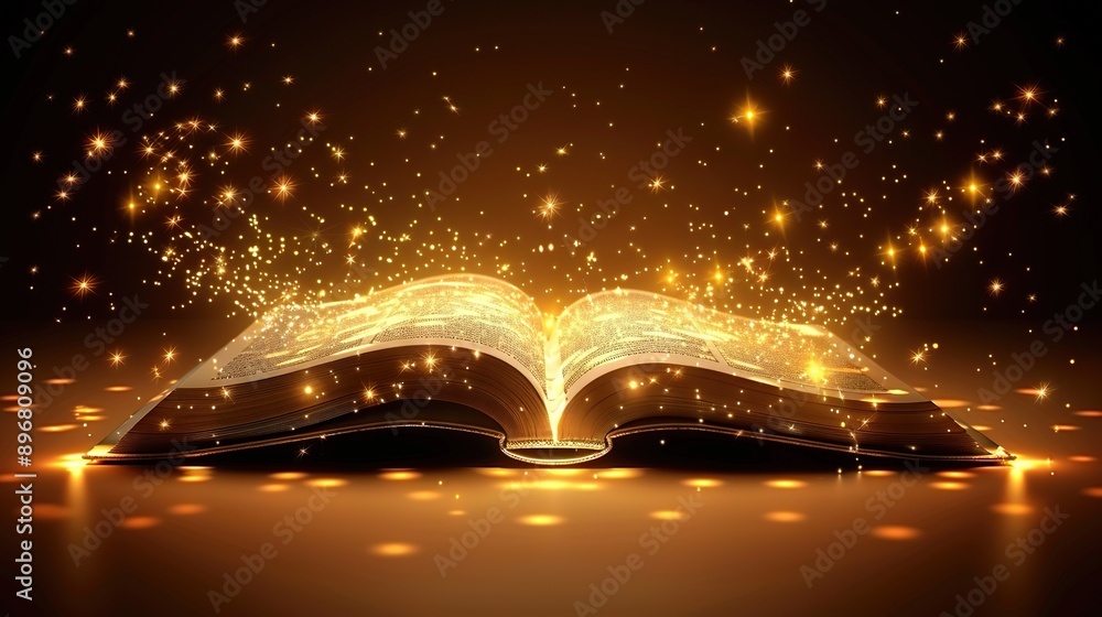 Poster an image of an open book with a glowing light emanating from it, set against a dark backdrop adorned