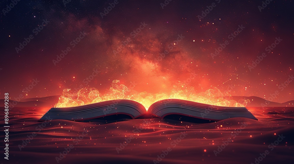 Poster an open book floating on water with a fire inside it