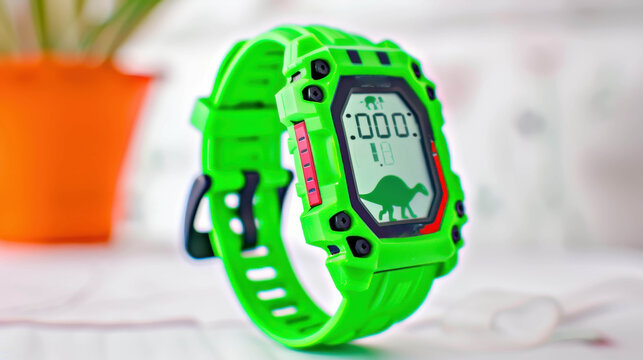 Close-up of a vibrant green digital kids watch featuring a dinosaur animation on the screen, set against a blurred background.