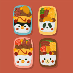 Set of different bento. Japanese lunch boxes collection. Cute vector illustration 