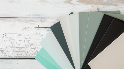 Colored paper on wooden background. A minimalist abstract artwork using Seafoam Green, Light Sand, Midnight Black, and Bright White. Highlights color contrast and harmony.