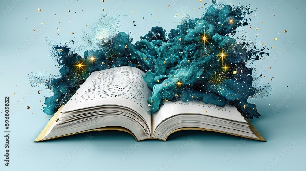 Poster open book with blue and gold dust coming out of it..image description: an open book with blue and go