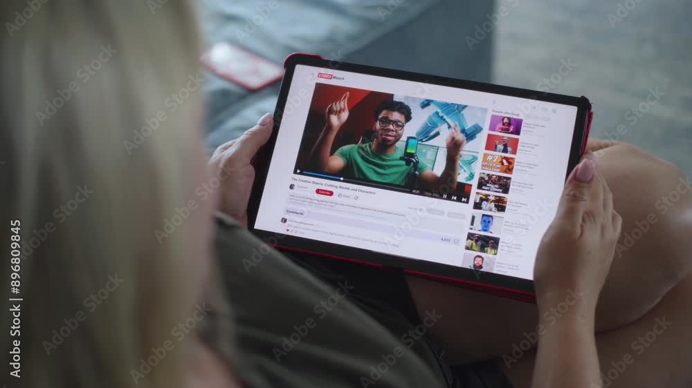 Poster caucasian woman watches educational video of blogger about 3d modeling using tablet computer while l