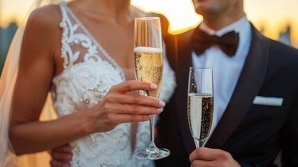 couple's hands holding champagne glasses, celebrating a special occasion. The image captures an intimate moment, symbolizing love, unity, and celebration