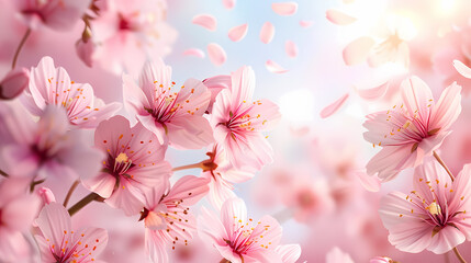 Close-up of beautiful pink cherry blossoms in full bloom, with petals gracefully falling from the sky.