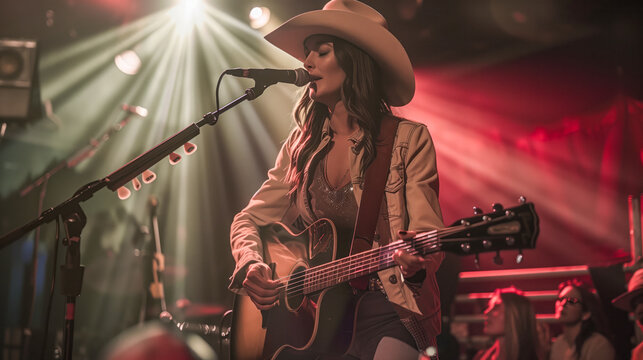 Female country singer with a cowboy hat, playing guitar on stage