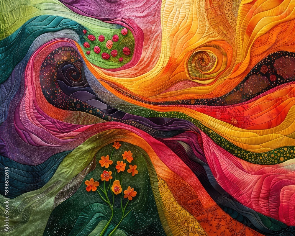 Poster abstract representation of spring's emergence, with dynamic patterns and tactile textures, warm hues