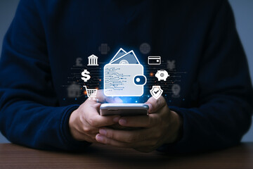 Businessman using Digital Wallet on smartphone. Online Payment. Transactions, Mobile banking,...