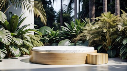 Fototapeta premium Podio de madera para exhibición de productos de la selva