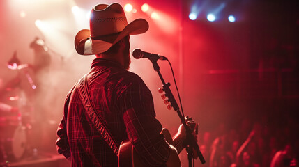 Passionate country singer with a cowboy hat, strumming guitar