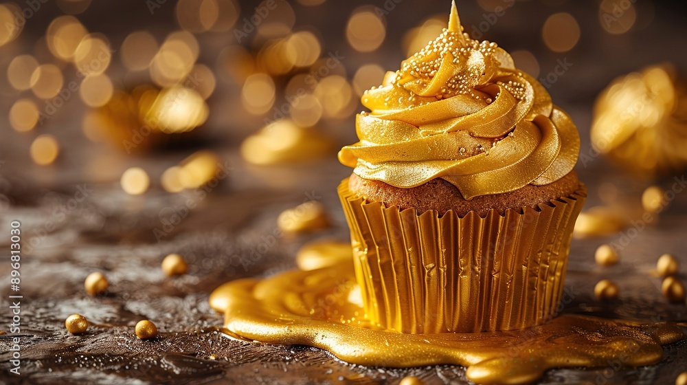 Poster a zoom-in image of a scrumptious cupcake adorned with whipped frosting resting on a golden table, su