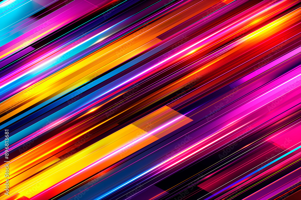 Poster A dynamic abstract image with multicolored diagonal lines on a dark background, embodying energy and motion. Generative AI