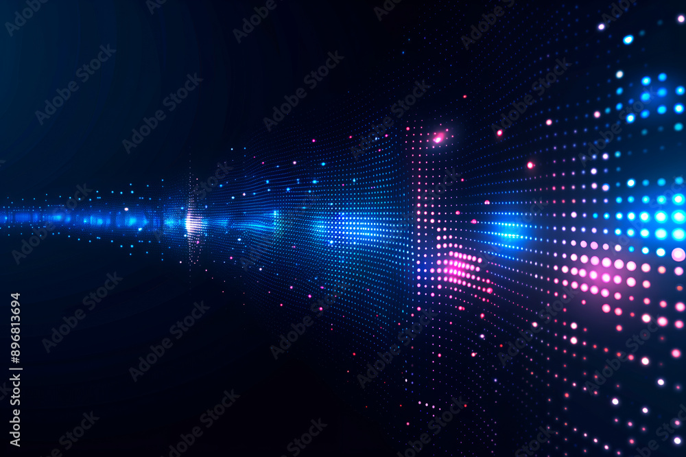 Aufkleber A digital wave pattern with blue and pink dots on a dark background, representing a technology concept. Generative AI