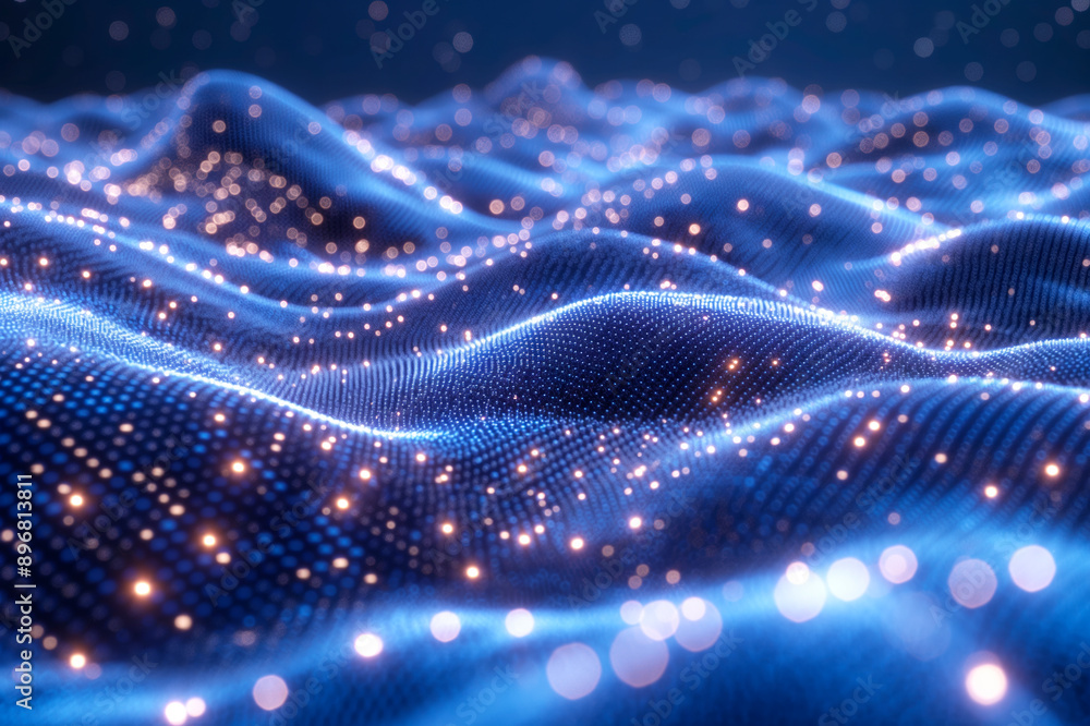 Poster an abstract digital wave pattern with glowing dots on a blue background, depicting a technology conc