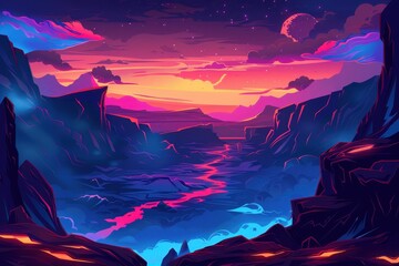 Mystical Glowing River Flowing Through Dark Rocky Canyon Under Starry Night Sky