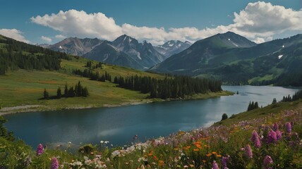 A painting of a mountain valley with flowers in the foreground and a lake in the middle of the valley with mountains in the back ground and clouds in the sky.