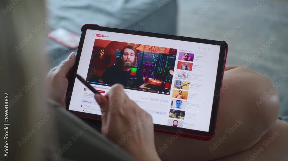 Poster caucasian woman watches educational video of blogger about stock trading using tablet computer while