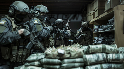 A group of soldiers in tactical gear conducting a raid, surrounded by stacks of money and ammunition, depicting a high-stakes military operation.