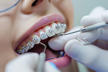 Close-up of dental braces being adjusted by a dentist, representing orthodontic care and dental health.