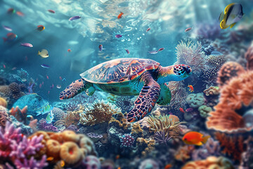 A vibrant underwater scene with a sea turtle swimming among colorful coral and fish, showcasing marine life and ocean beauty.