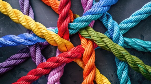 Diverse team concept illustrated with a network of colorful ropes braided together, representing unity and cooperation.
