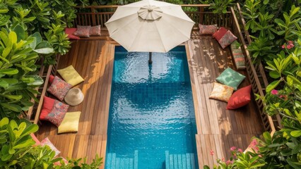 Elegant teak wood deck with blue swimming pool, creating a summer vacation vibe