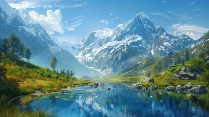 Idyllic mountain valley scene with snow-capped peaks, clear blue skies, and a crystal-clear lake reflecting the scenery