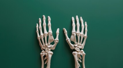 Skeletal human hands on green background Halloween themed isolated with copy space