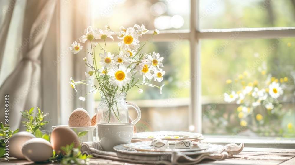 Poster spring themed table setting with empty space soft focus on window adorned with eggs and flowers