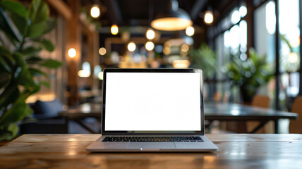 A black laptop with an open blank screen sits on a cafe table, ready for work or browsing the internet