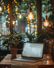 Obraz premium A black laptop with an open blank screen sits on a cafe table, ready for work or browsing the internet