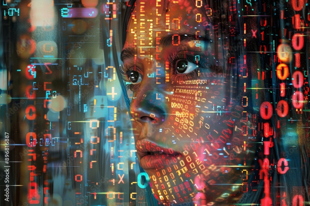 Poster a womans face is displayed against a digital background, embrace the digital age by incorporating bi