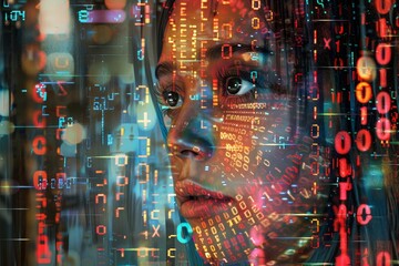 A womans face is displayed against a digital background, Embrace the digital age by incorporating binary elements into your artwork