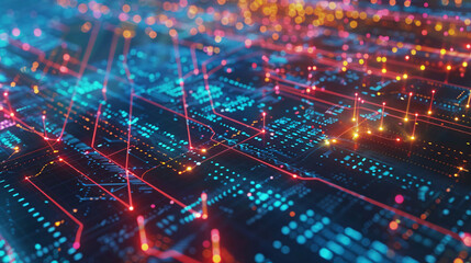 Obraz premium Close-up of a machine learning algorithm visualized on a high-resolution screen with detailed data patterns and connections, Full Focus, UHD, High Detailed, Masterpiece 