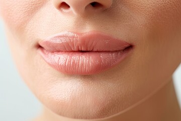Fototapeta premium Close-up of a woman's lips with natural, pink lipstick and flawless skin texture, showcasing beauty and skincare concepts.