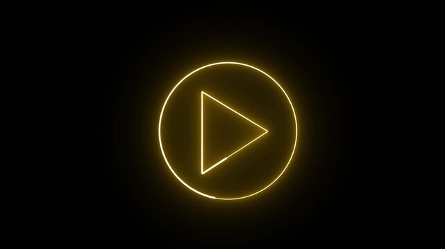 Glowing yellow neon flickering play button sign. Bright neon play button animated blinking icon with circle