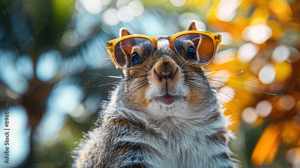 Poster a high-resolution image of a squirrel wearing sunglasses, set against a sharp background of trees